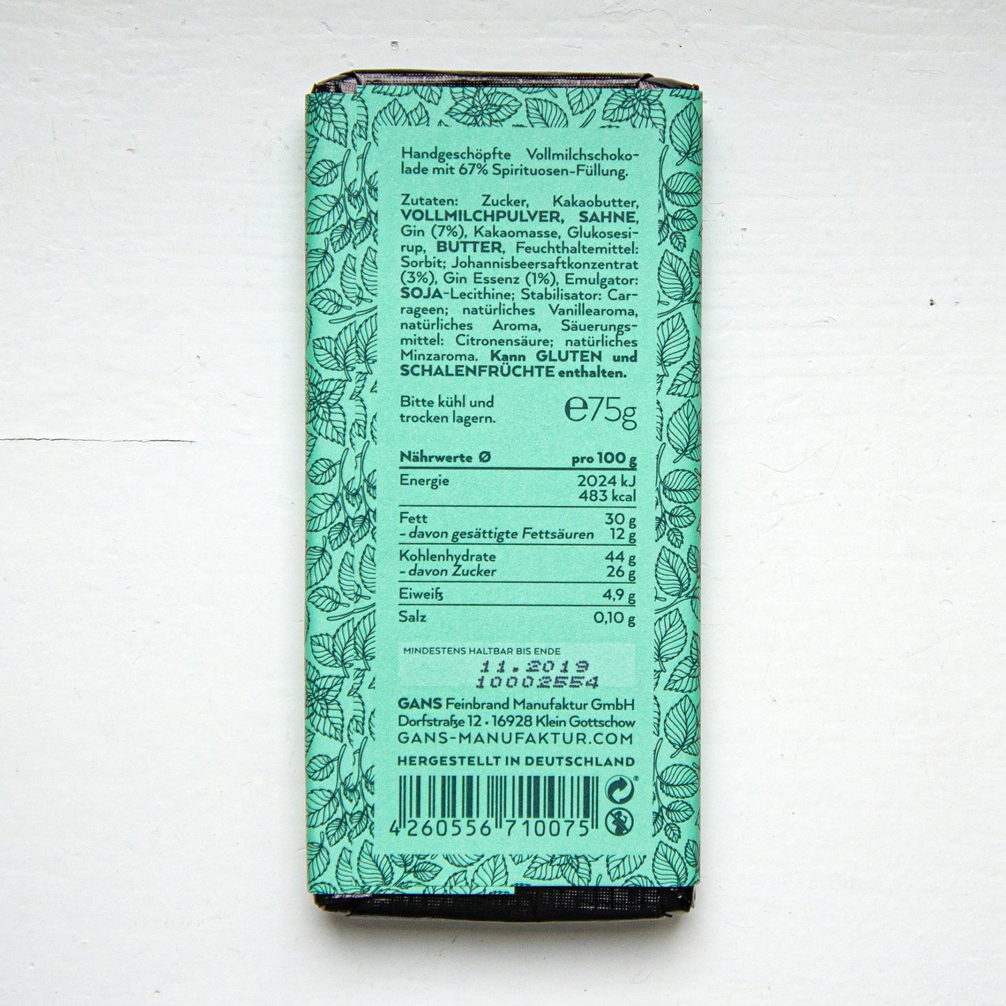 GANS Schokolade gefüllt mit Gin 75 g